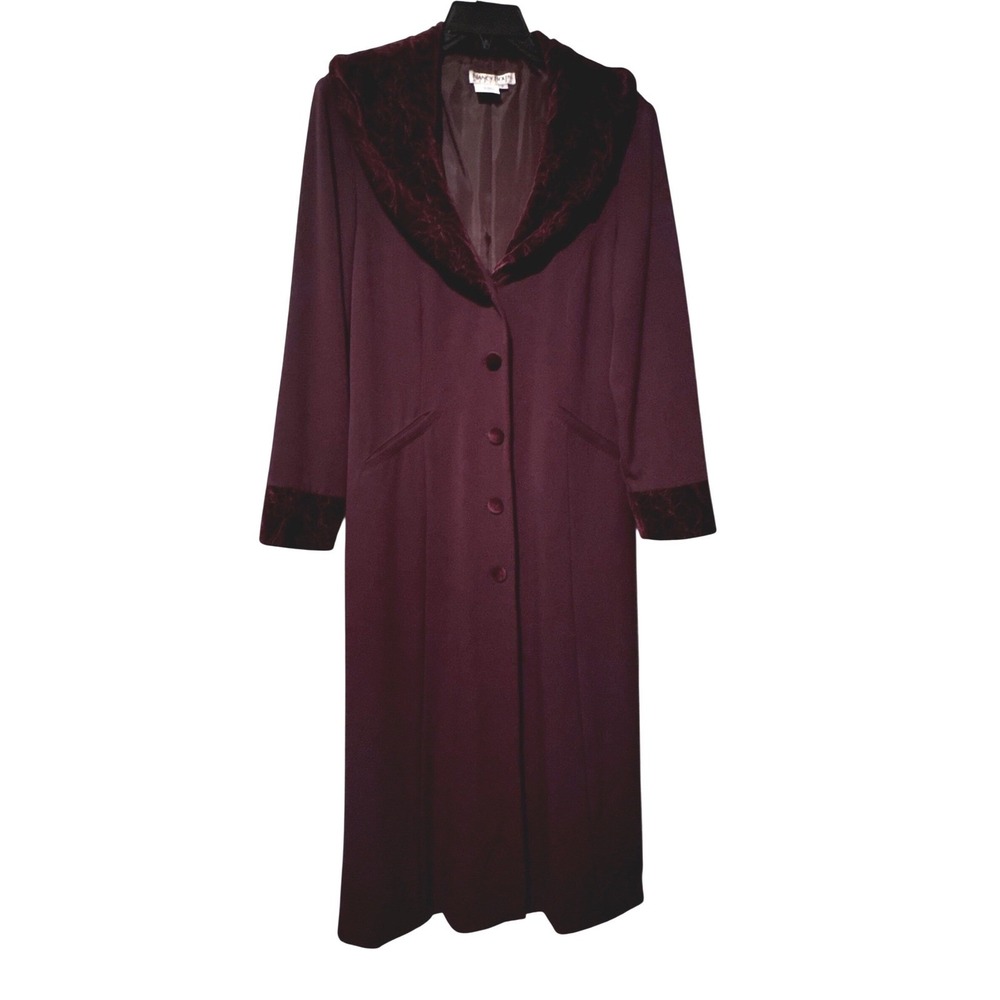 Vtg Nancy Bolen Plum Purple Long Coat Duster Velvet Embroidered Trim Women's 8